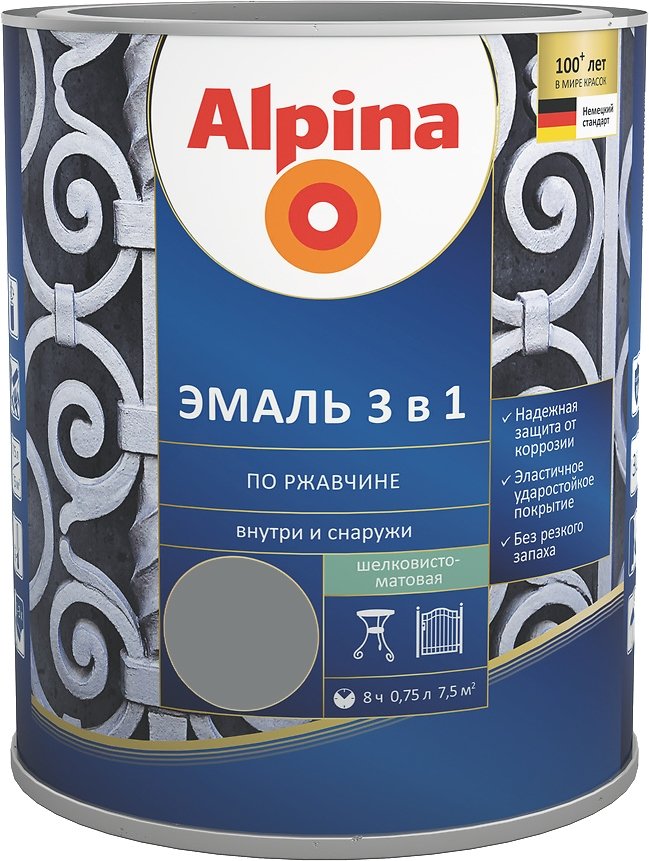

Эмаль Alpina По ржавчине 3 в 1 RAL9023 0.75 л (шелковисто-матовый серебристый)