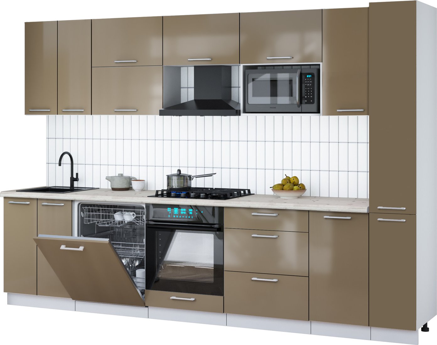 

Готовая кухня Интерлиния Мила Gloss 3.1-ПМ2 (капучино глянец/капучино глянец/бискайская сосна)