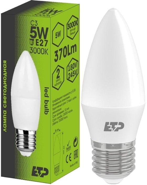 

Светодиодная лампочка ETP C3 E27 5 Вт 3000 К 33034
