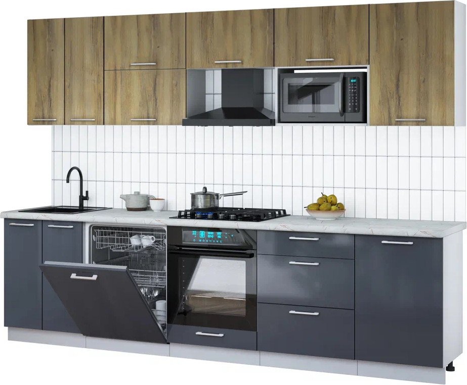 

Готовая кухня Интерлиния Мила Gloss 2.9-ПМ2 (асфальт глянец/дуб вотан/серый каспий)