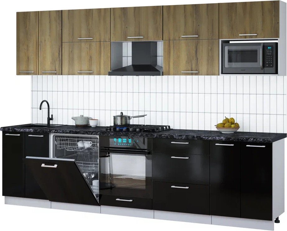 

Готовая кухня Интерлиния Мила Gloss 3.0-ПМ2 (черный глянец/дуб вотан/кастилло темный)