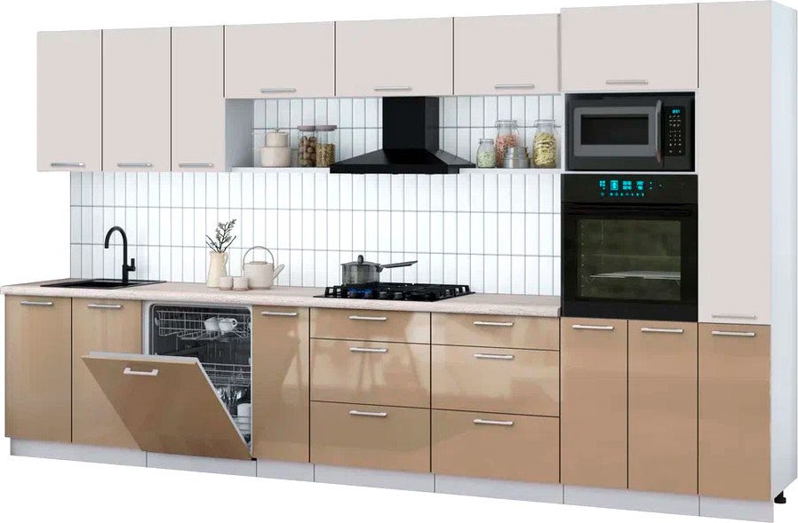 

Готовая кухня Интерлиния Мила Gloss 3.8-ПМ1 (капучино глянец/кашемир/травертин серый)