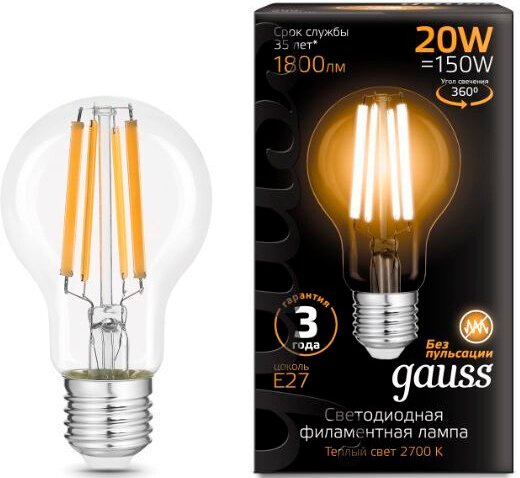 

Светодиодная лампочка Gauss Filament А60 20W 1800lm 2700К Е27 102902120