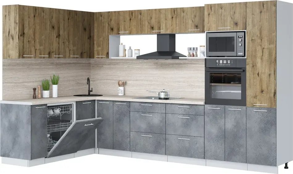 

Готовая кухня Интерлиния Мила Лайт 1.896х3.38 (дуб веллингтон/бетон портленд/травертин серый)