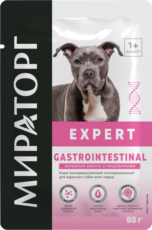 

Консервированный корм для собак Мираторг Expert Gastrointestinal Береж. забота о пищеварении 85 г