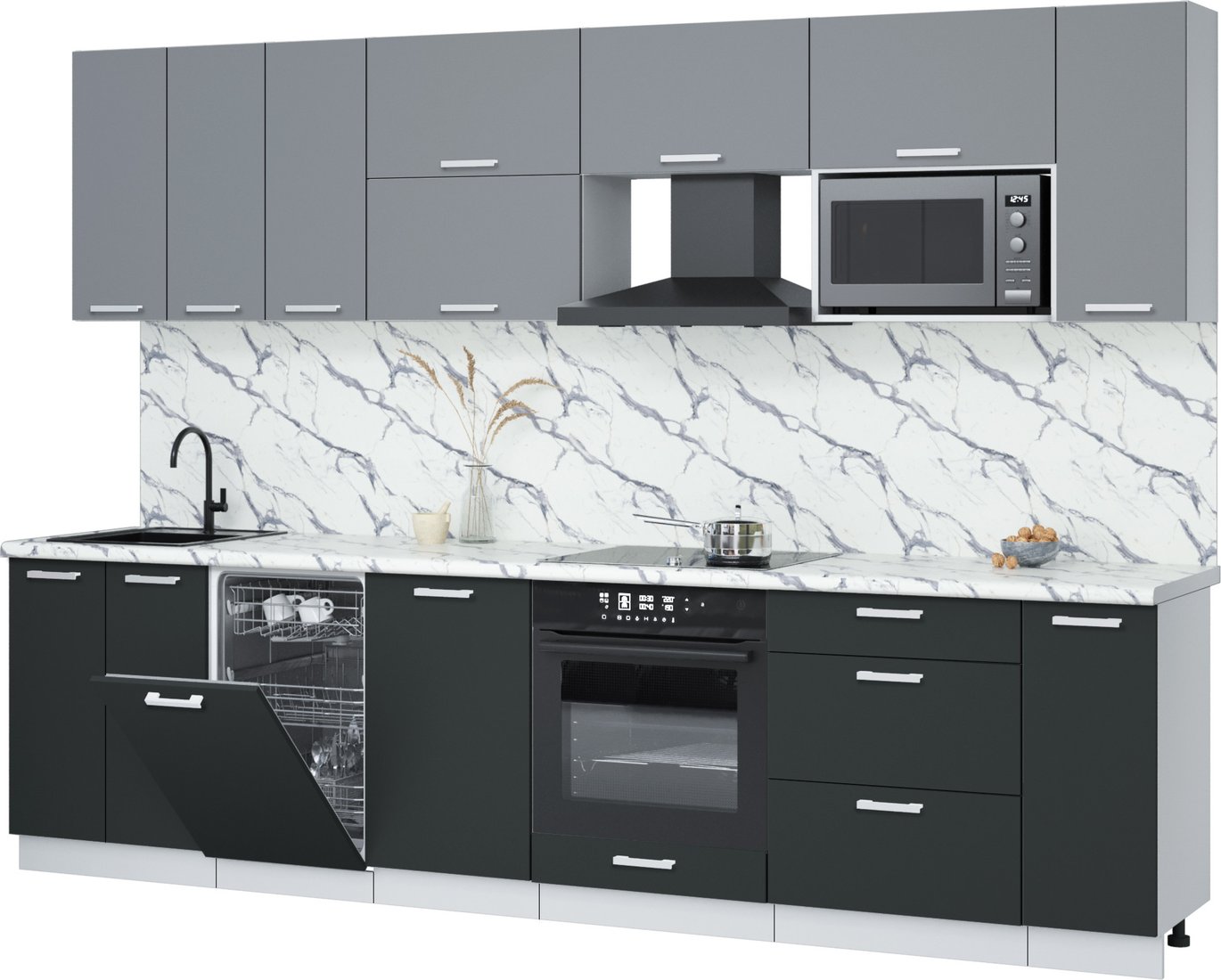 

Готовая кухня Интерлиния Мила Лайт 3.0-ПМ4 (серебро/антрацит/белый гранит)