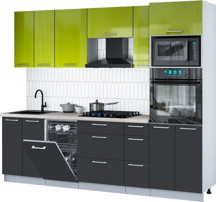 

Готовая кухня Интерлиния Мила Gloss 2.55-ПМ3 (пепел/яблоко глянец/травертин серый)