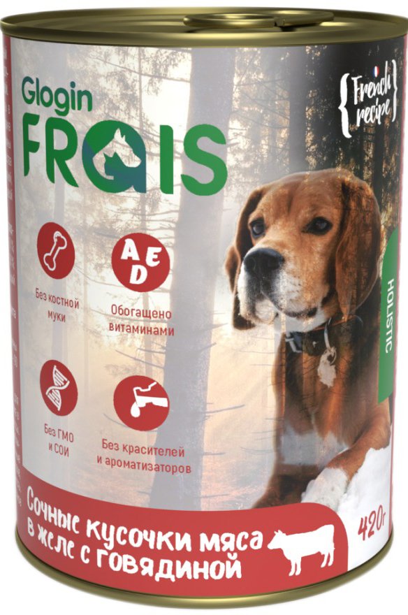 

Консервированный корм для собак Frais Holistic Dog мясные кусочки с говядиной в желе (420г)