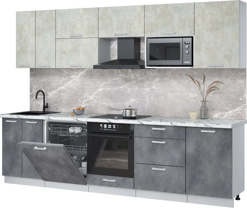 

Готовая кухня Интерлиния Мила Лайт 2.9-ПМ2 (бетон лайт/бетон портленд/белый гранит)