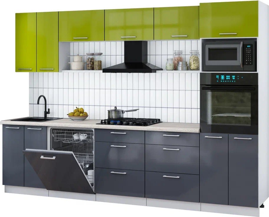 

Готовая кухня Интерлиния Мила Gloss 3.0-ПМ1 (асфальт глянец/яблоко глянец/травертин серый)