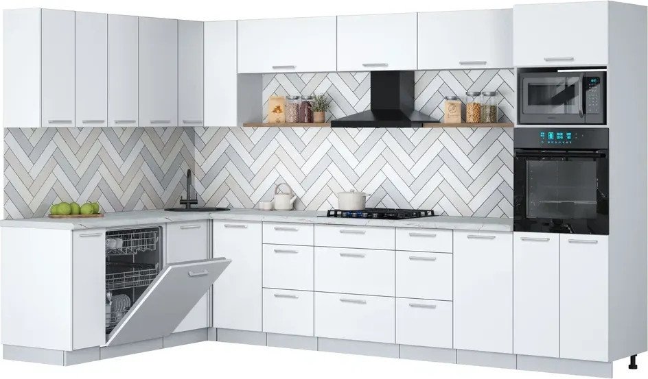 Готовая кухня Интерлиния Мила Gloss 1.896х3.38-2 (белый/белый/серый каспий)