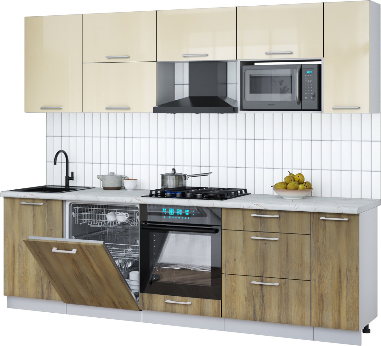 

Готовая кухня Интерлиния Мила Gloss 2.6-ПМ2 (дуб вотан/ваниль глянец/серый каспий)