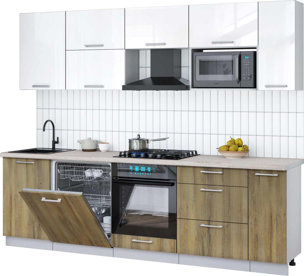 

Готовая кухня Интерлиния Мила Gloss 2.6-ПМ2 (дуб вотан/белый глянец/травертин серый)