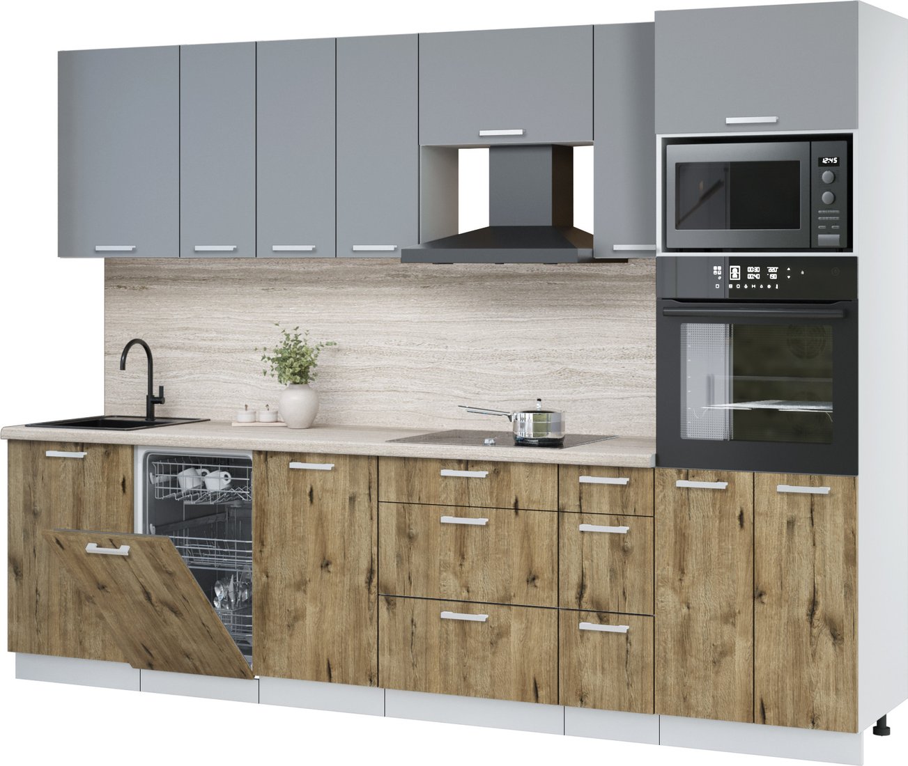 

Готовая кухня Интерлиния Мила Лайт 2.9-ПМ3 (серебро/дуб веллингтон/травертин серый)