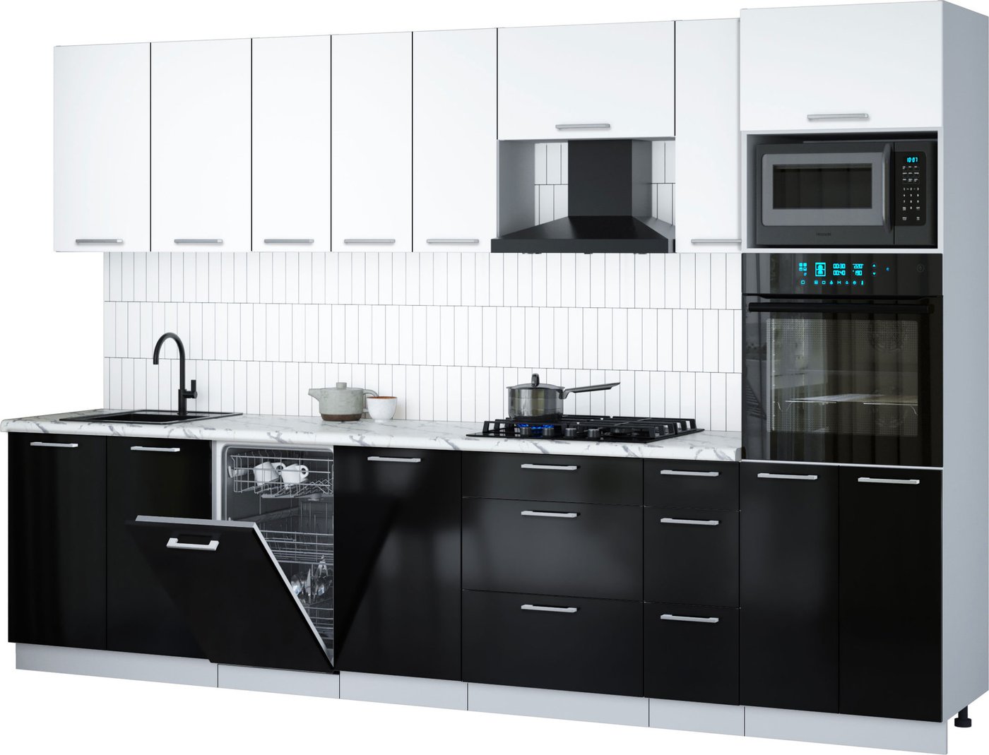 

Готовая кухня Интерлиния Мила Gloss 3.2-ПМ3 (черный глянец/белый/белый гранит)