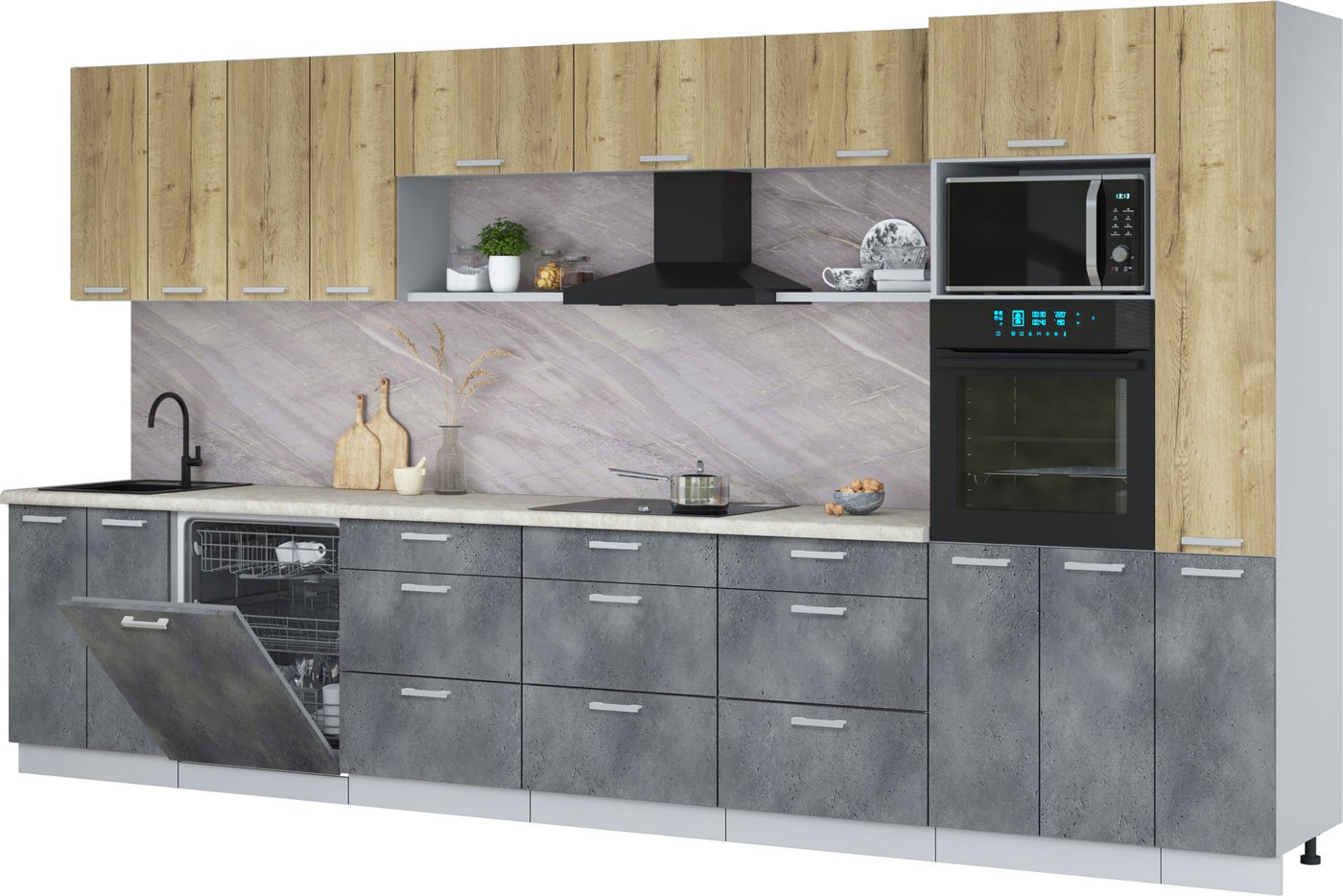 

Готовая кухня Интерлиния Мила Лайт 3.9-ПМ1 (дуб золотой/бетон портленд/опал светлый)