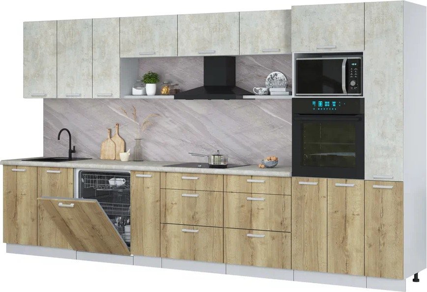 

Готовая кухня Интерлиния Мила Лайт 3.8-ПМ1 (бетон лайт/дуб золотой/опал светлый)