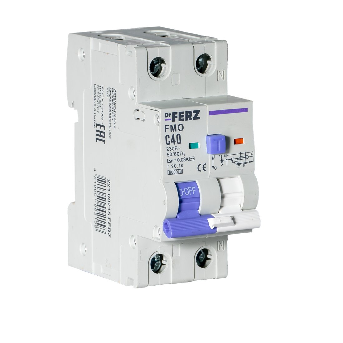 

Дифференциальный автомат Dr.Ferz FMO-EL-1P+N 40A 30mA 6kA AC C 2M 22100215FERZ