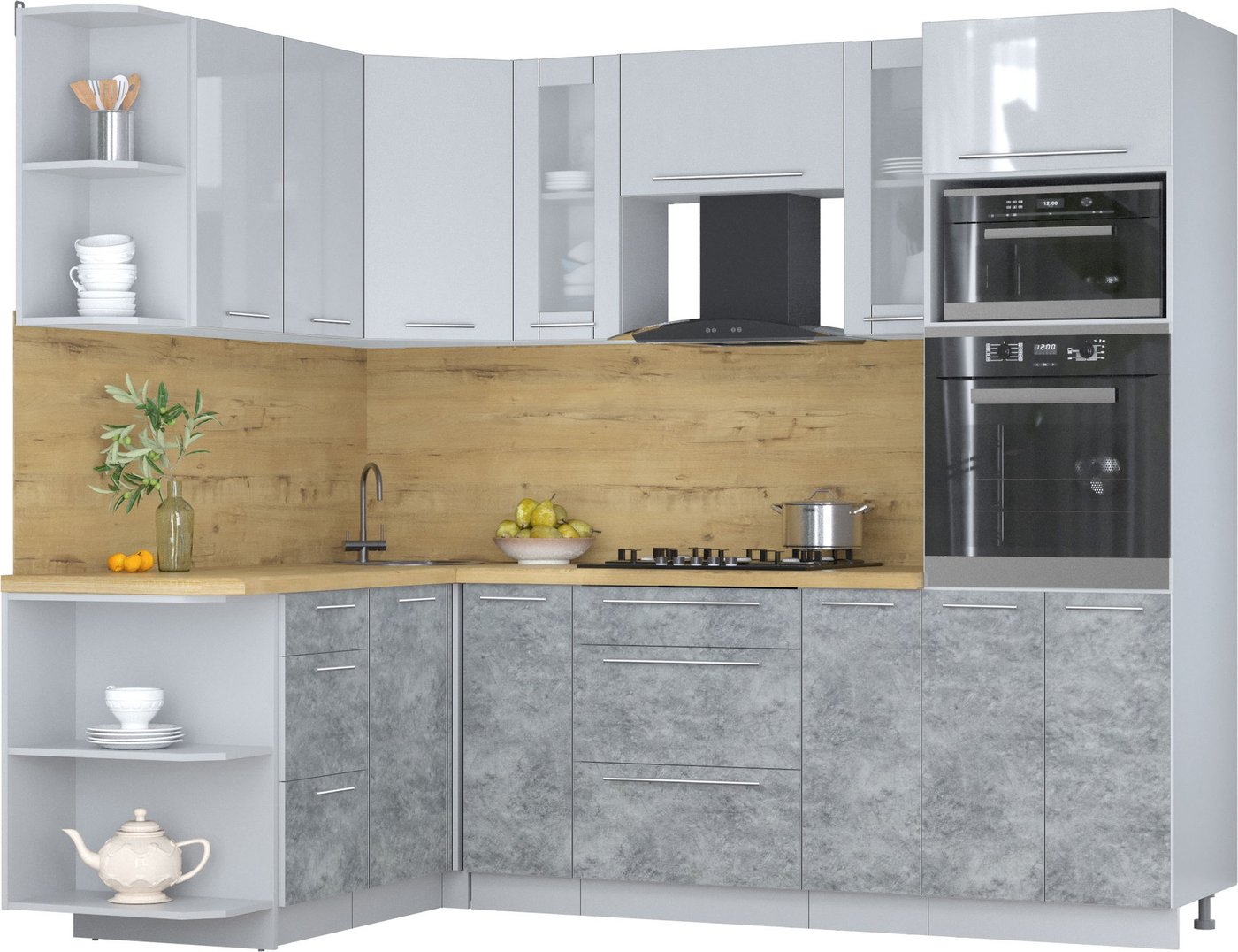 

Готовая кухня Интерлиния Мила Пластик 1.68x2.4 LV (туманный глянец/мрамор/дуб бунратти)