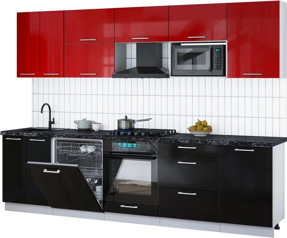 

Готовая кухня Интерлиния Мила Gloss 2.9-ПМ2 (черный глянец/красный глянец/кастилло темный)