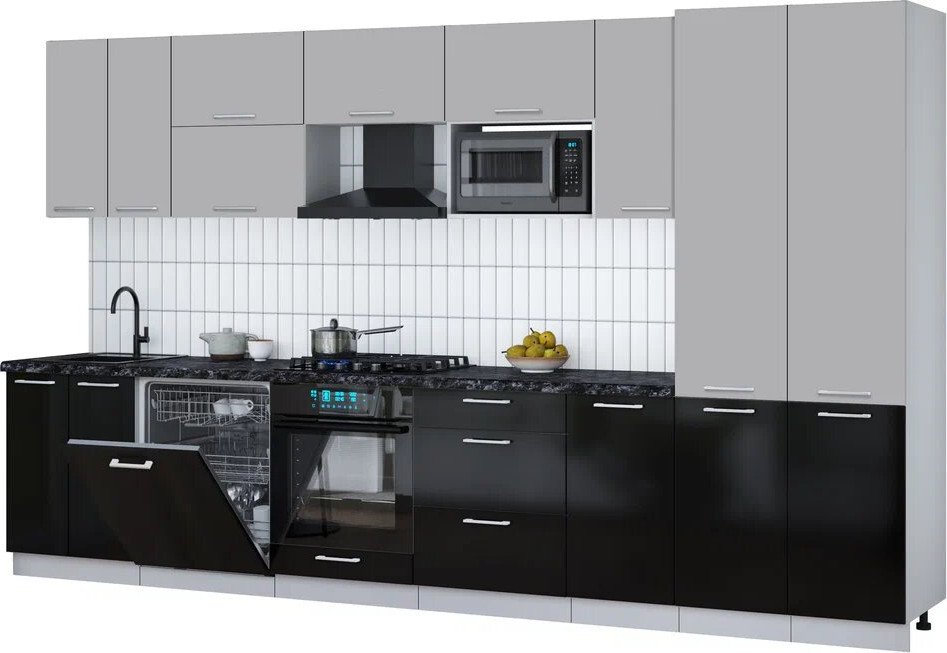 

Готовая кухня Интерлиния Мила Gloss 3.6-ПМ2 (черный глянец/грей/бискайская сосна)