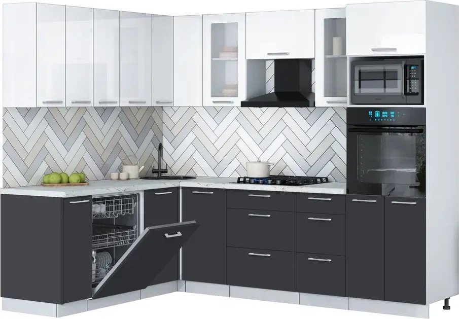 

Готовая кухня Интерлиния Мила Gloss 1.896х2.58 (пепел/белый глянец/серый каспий)