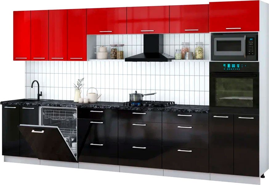 

Готовая кухня Интерлиния Мила Gloss 3.6-ПМ1-2 (черный глянец/красный глянец/кастилло темный)