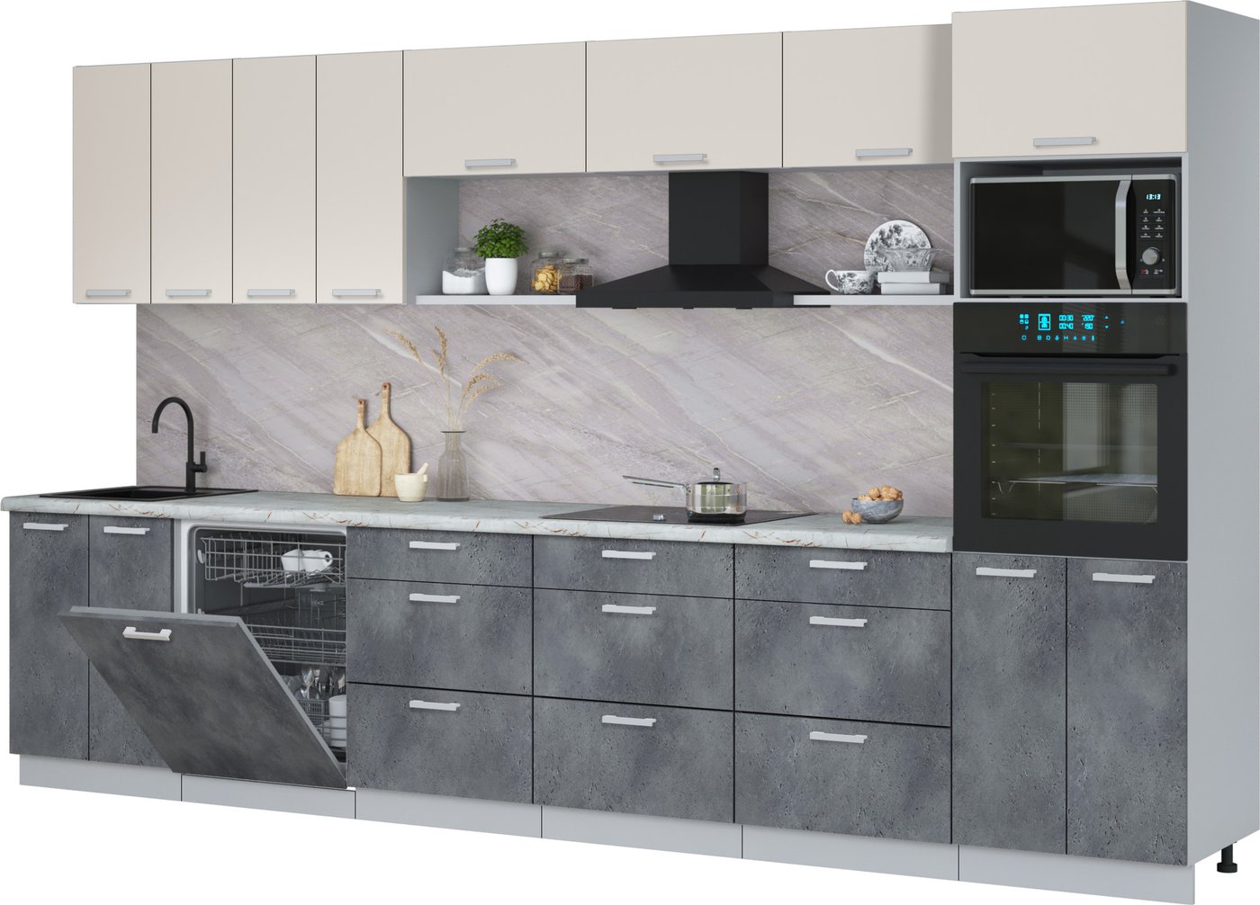 

Готовая кухня Интерлиния Мила Лайт 3.6-ПМ1-2 (персидский жемчуг/бетон портленд/серый каспий)