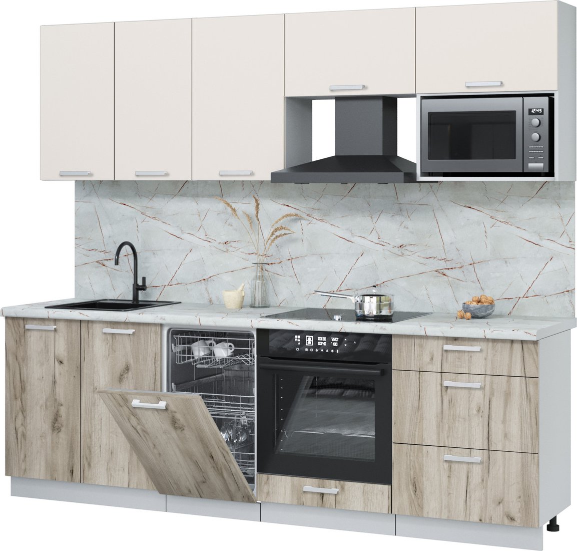 

Готовая кухня Интерлиния Мила Лайт 2.45-ПМ4 (персидский жемчуг/дуб серый/серый каспий)