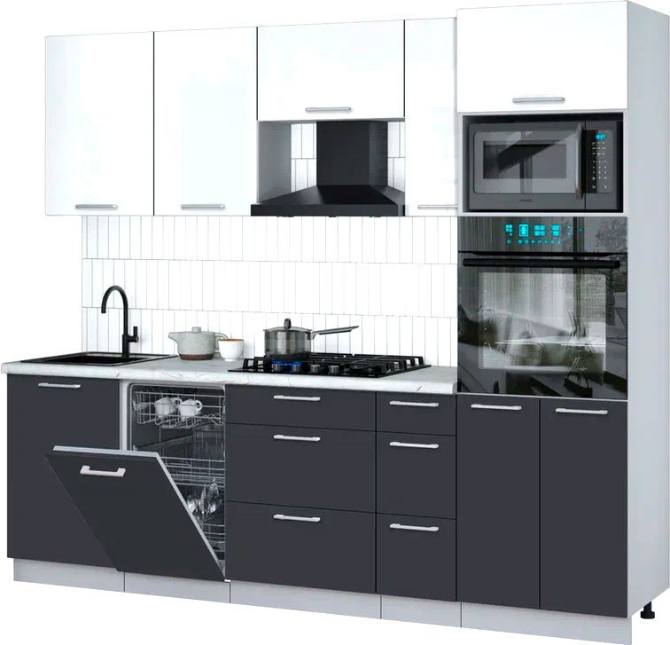 

Готовая кухня Интерлиния Мила Gloss 2.45-ПМ3 (пепел/белый глянец/серый каспий)