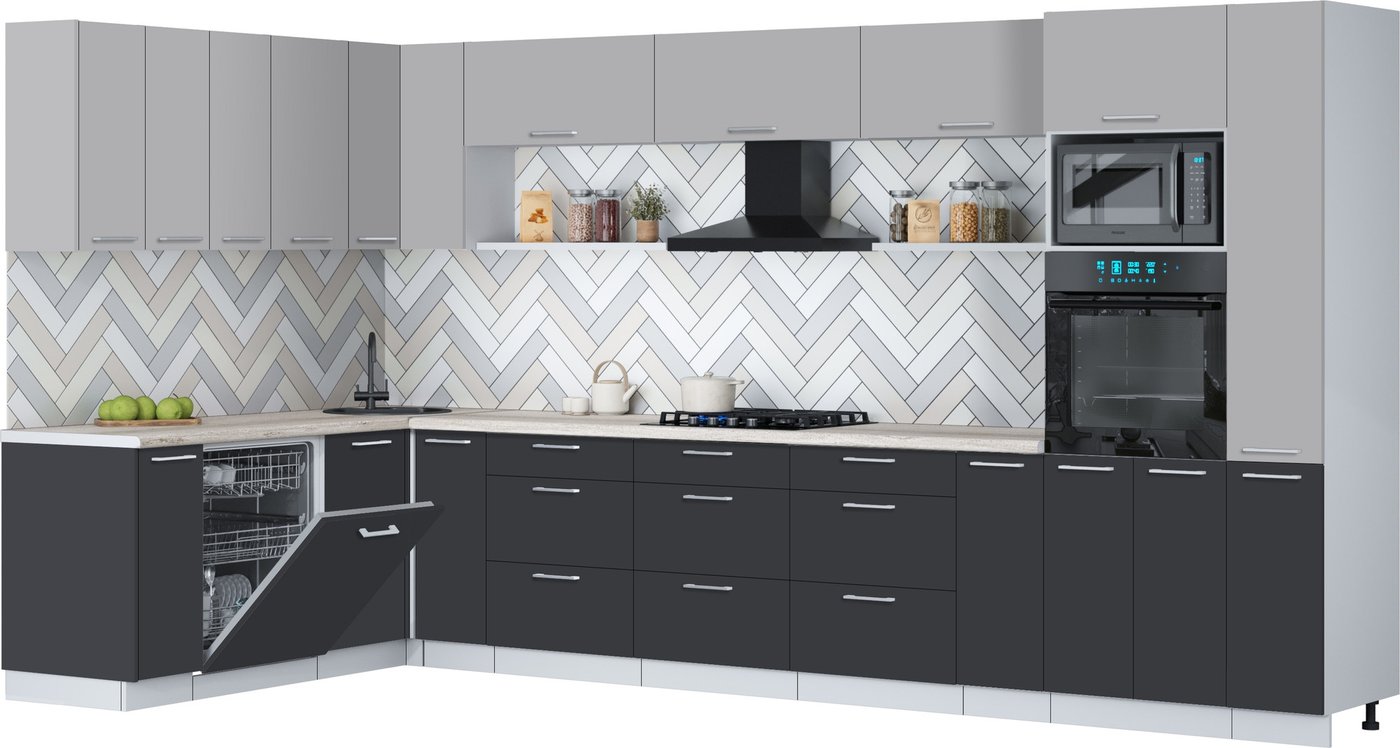 

Готовая кухня Интерлиния Мила Gloss 1.896х3.88 (пепел/грей/травертин серый)