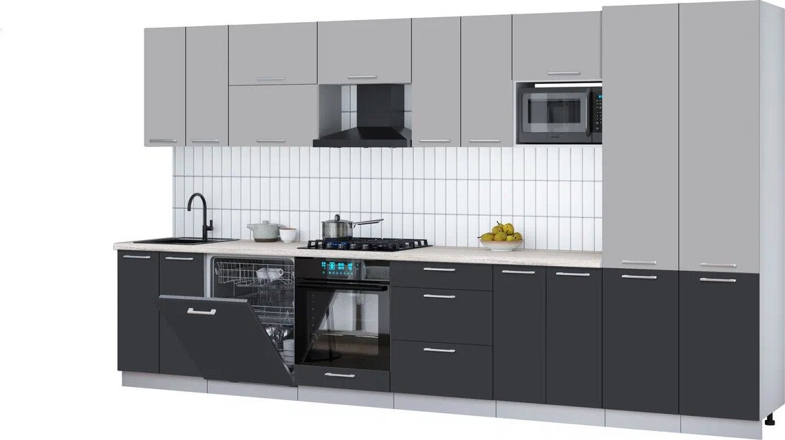 

Готовая кухня Интерлиния Мила Gloss 3.8-ПМ2 (пепел/грей/травертин серый)