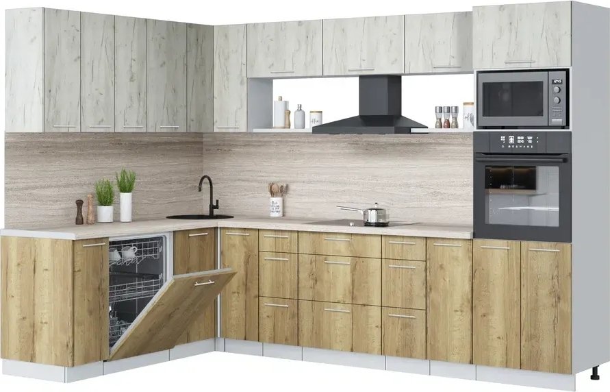 

Готовая кухня Интерлиния Мила Лайт 1.896х2.98-2 (дуб белый/дуб золотой/травертин серый)