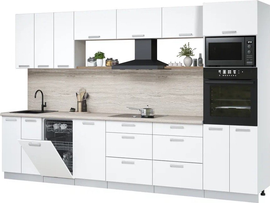 

Готовая кухня Интерлиния Мила Лайт 3.3-ПМ3 (белый платинум/белый платинум/травертин серый)