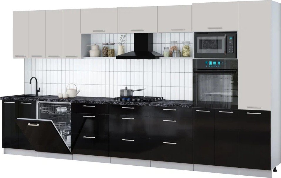 

Готовая кухня Интерлиния Мила Gloss 4.0-ПМ1 (черный глянец/кашемир/кастилло темный)