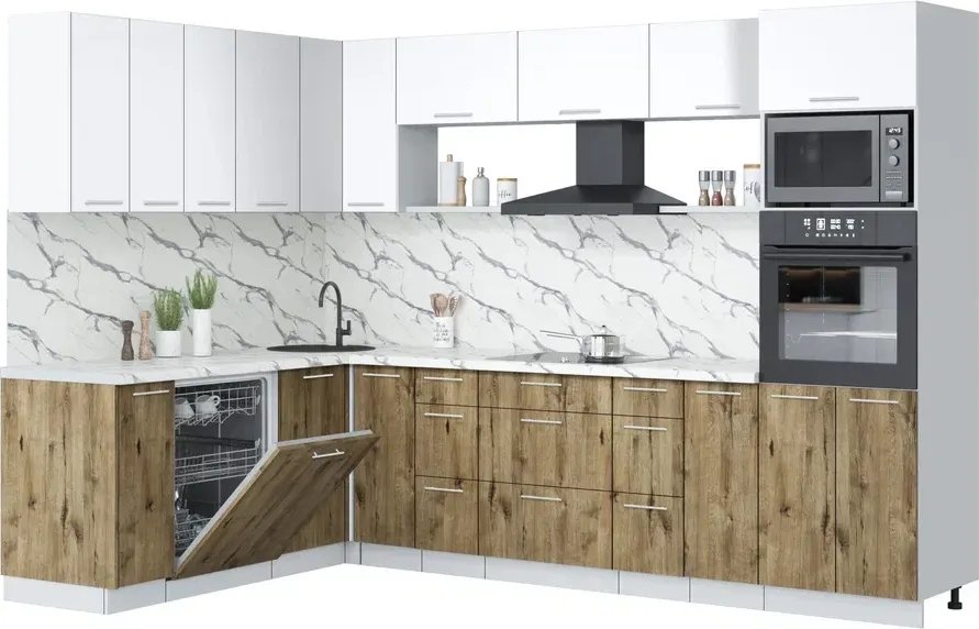 

Готовая кухня Интерлиния Мила Лайт 1.896х2.98-2 (белый платинум/дуб веллингтон/белый гранит)