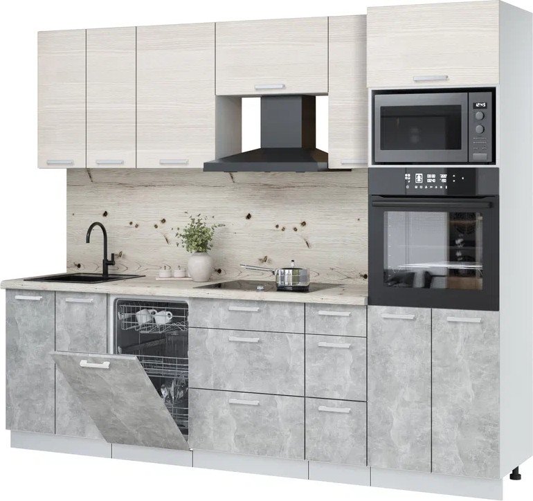 

Готовая кухня Интерлиния Мила Лайт 2.55-ПМ3 (вудлайн кремовый/бетон/бискайская сосна)