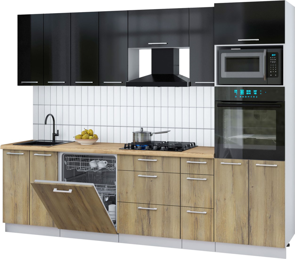 

Готовая кухня Интерлиния Мила Gloss 2.7-ПМ1 (дуб вотан/черный глянец/дуб бунратти)