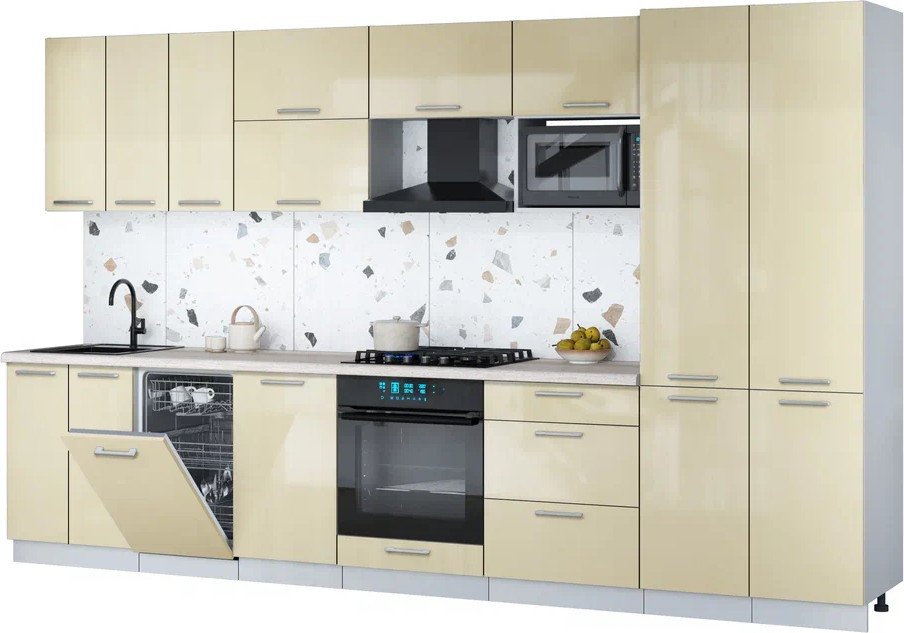 

Готовая кухня Интерлиния Мила Gloss 3.5-ПМ4 (ваниль глянец/ваниль глянец/травертин серый)