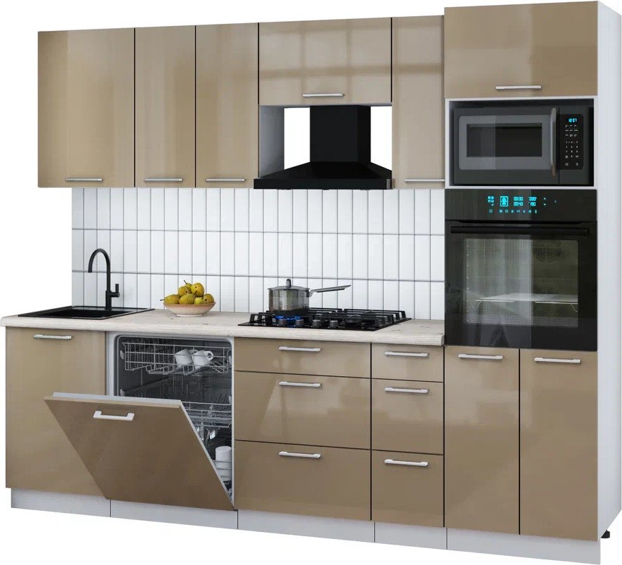 

Готовая кухня Интерлиния Мила Gloss 2.6-ПМ1 (капучино глянец/капучино глянец/бискайская сосна)