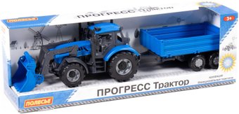 Трактор Полесье Прогресс с бортовым прицепом и ковшом 91819 (синий)