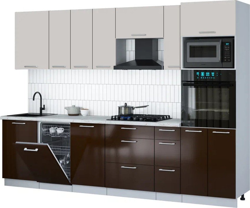 

Готовая кухня Интерлиния Мила Gloss 2.9-ПМ3 (шоколад глянец/кашемир/серый каспий)