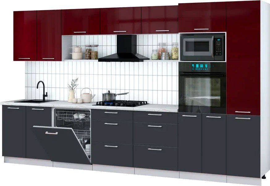 

Готовая кухня Интерлиния Мила Gloss 3.6-ПМ1 (пепел/бордовый глянец/серый каспий)