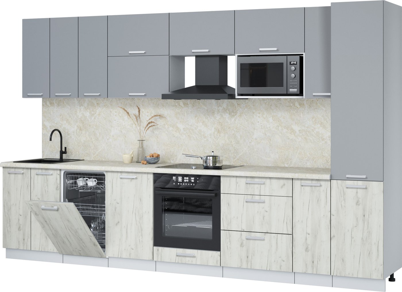 

Готовая кухня Интерлиния Мила Лайт 3.4-ПМ4 (серебро/дуб белый/опал светлый)