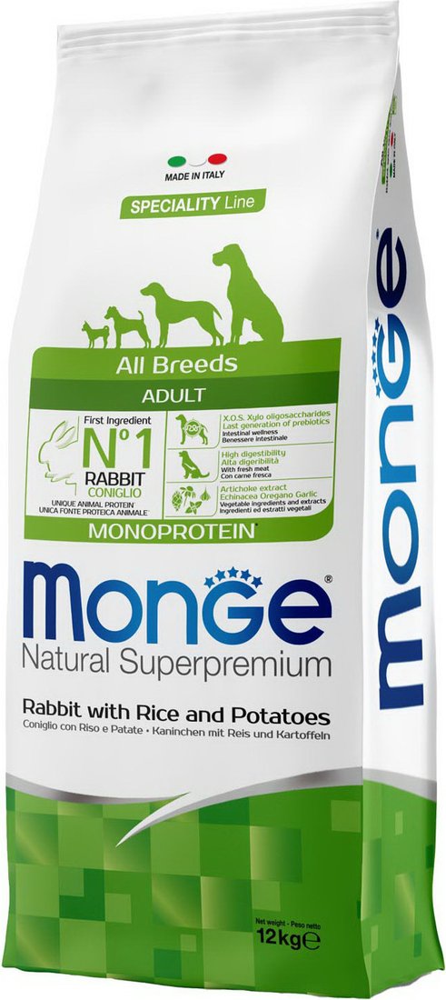 

Сухой корм для собак Monge All Breeds Adult Monoprotein Rabbit, Rice and Potatoes (для всех пород с кроликом, рисом и картофелем) 12 кг