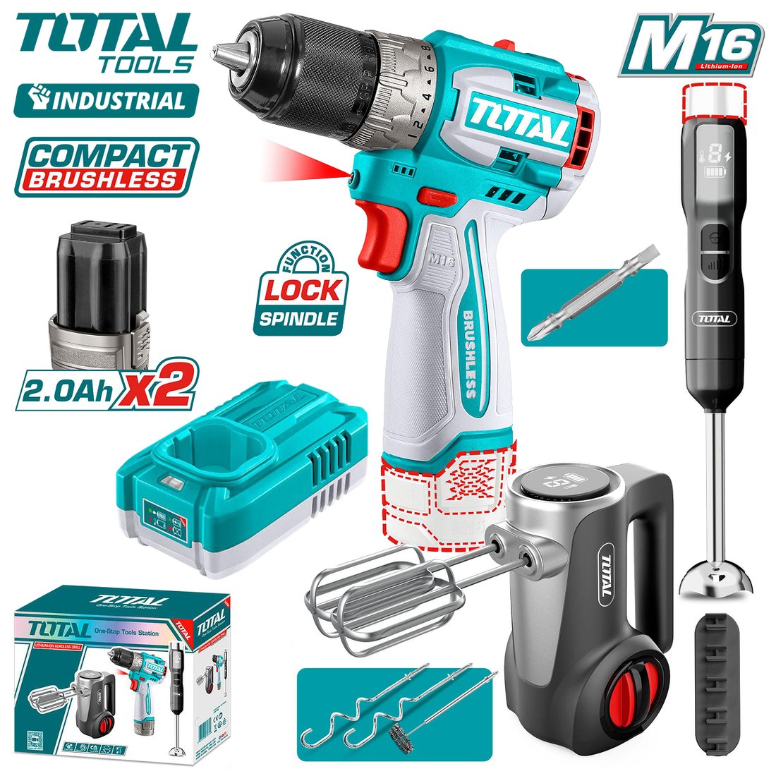

Total TCKLI1638 (шуруповерт, блендер, миксер, 2 АКБ)