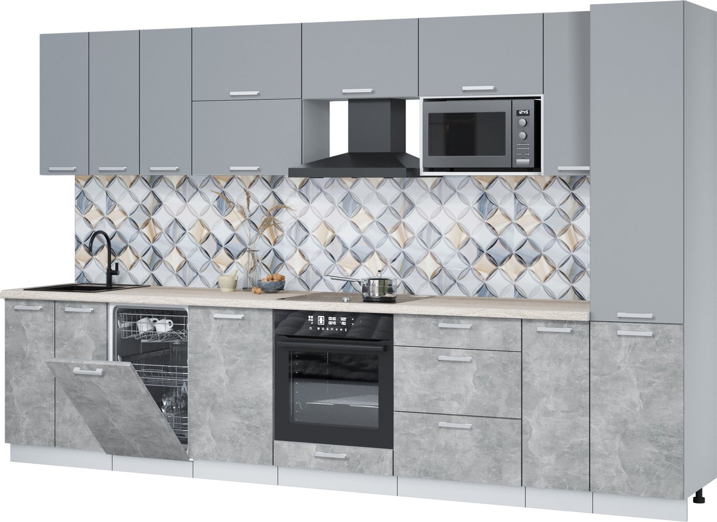 

Готовая кухня Интерлиния Мила Лайт 3.4-ПМ4 (серебро/бетон/травертин серый)