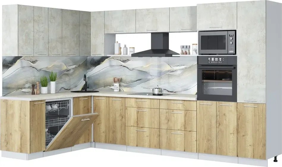 

Готовая кухня Интерлиния Мила Лайт 1.896х3.38 (бетон лайт/дуб золотой/опал светлый)