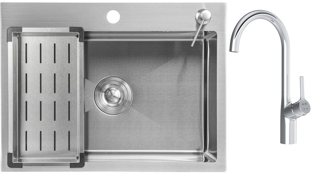Кухонная мойка Saniteco 6045 + Spike F9S07000 (хром, с сифоном, дозатором и коландером)