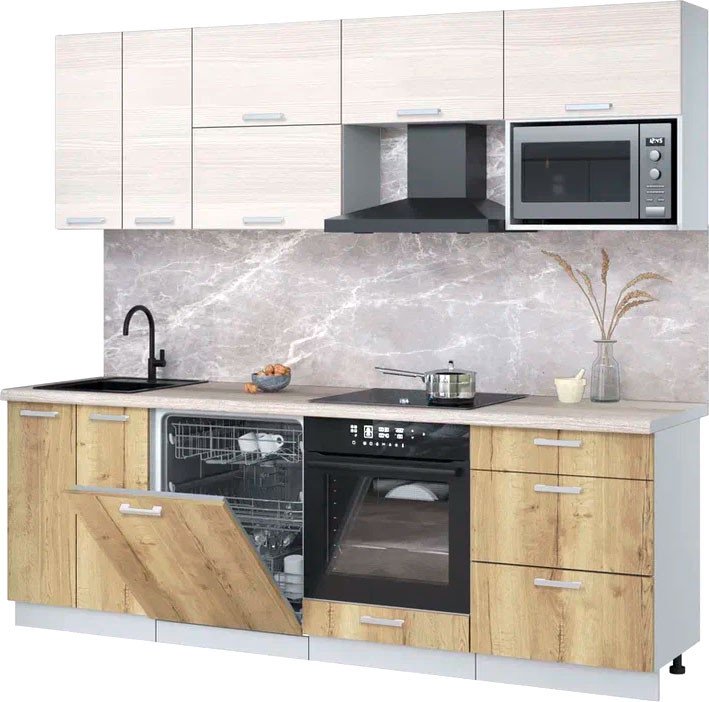 

Готовая кухня Интерлиния Мила Лайт 2.4-ПМ2 (вудлайн кремовый/дуб золотой/травертин серый)